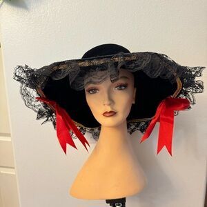 Vt Fancy Party Halloween Black Velvet Pirate Hat with Lace and Red Bows, Women's